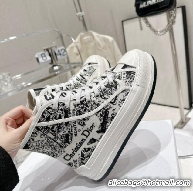 Grade Quality Dior Walk'n'Dior High-top Platform Sneakers in White and Black Cotton Embroidered with Plan de Paris Motif