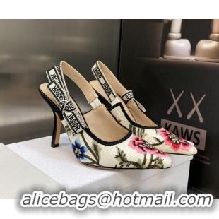 Discount Dior J'Adior Slingback Pumps 9.5cm in White Multicolor Cotton Embroidered with Petites Fleurs Motif 420061