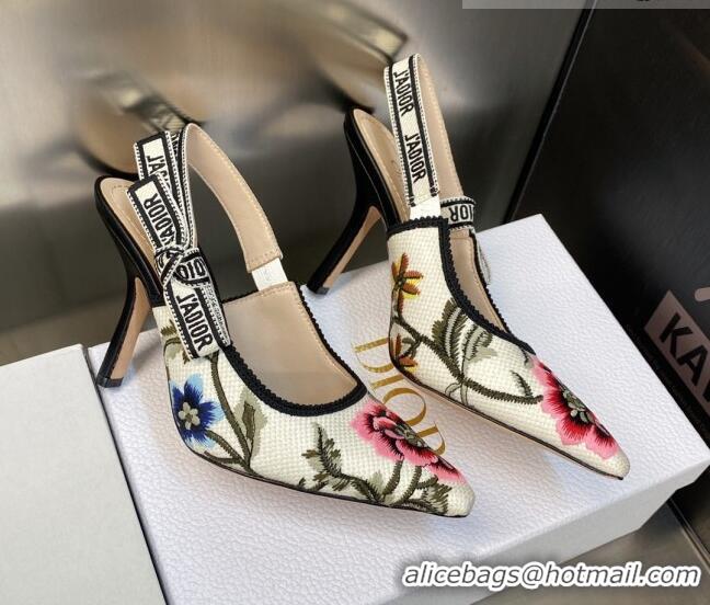 Discount Dior J'Adior Slingback Pumps 9.5cm in White Multicolor Cotton Embroidered with Petites Fleurs Motif 420061