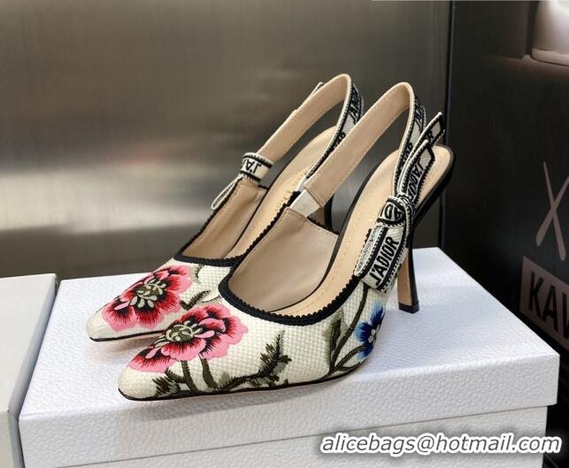 Discount Dior J'Adior Slingback Pumps 9.5cm in White Multicolor Cotton Embroidered with Petites Fleurs Motif 420061