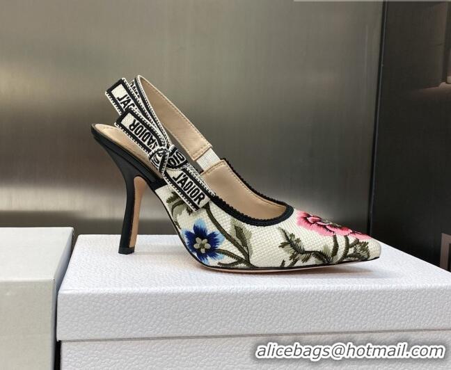 Discount Dior J'Adior Slingback Pumps 9.5cm in White Multicolor Cotton Embroidered with Petites Fleurs Motif 420061