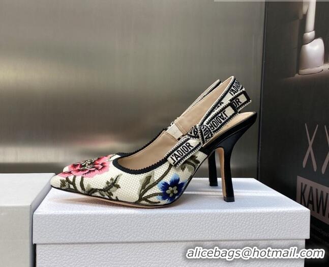 Discount Dior J'Adior Slingback Pumps 9.5cm in White Multicolor Cotton Embroidered with Petites Fleurs Motif 420061