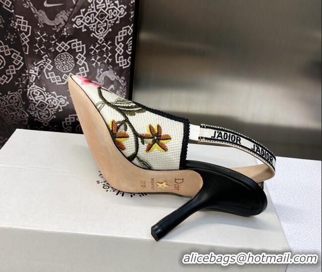 Discount Dior J'Adior Slingback Pumps 9.5cm in White Multicolor Cotton Embroidered with Petites Fleurs Motif 420061