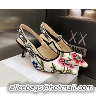 Luxury Dior J'Adior Slingback Pumps 6.5cm in White Multicolor Cotton Embroidered with Petites Fleurs Motif 420062