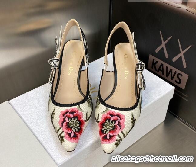 Luxury Dior J'Adior Slingback Pumps 6.5cm in White Multicolor Cotton Embroidered with Petites Fleurs Motif 420062