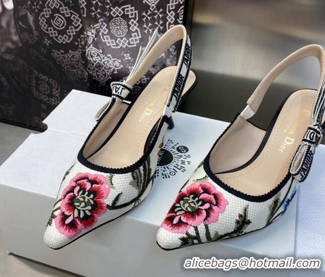 Luxury Dior J'Adior Slingback Pumps 6.5cm in White Multicolor Cotton Embroidered with Petites Fleurs Motif 420062