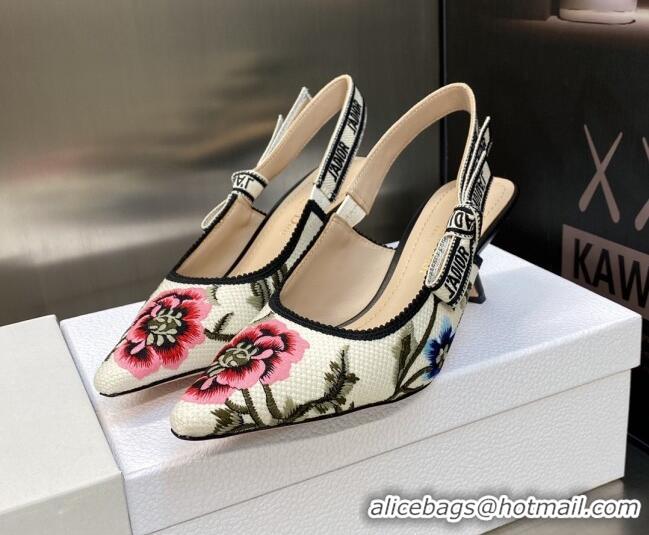 Luxury Dior J'Adior Slingback Pumps 6.5cm in White Multicolor Cotton Embroidered with Petites Fleurs Motif 420062