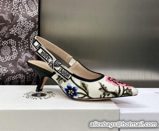 Luxury Dior J'Adior Slingback Pumps 6.5cm in White Multicolor Cotton Embroidered with Petites Fleurs Motif 420062