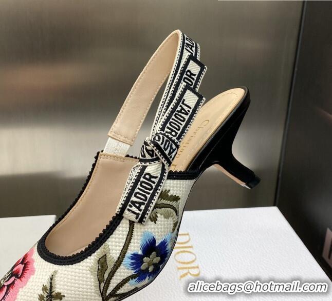 Luxury Dior J'Adior Slingback Pumps 6.5cm in White Multicolor Cotton Embroidered with Petites Fleurs Motif 420062