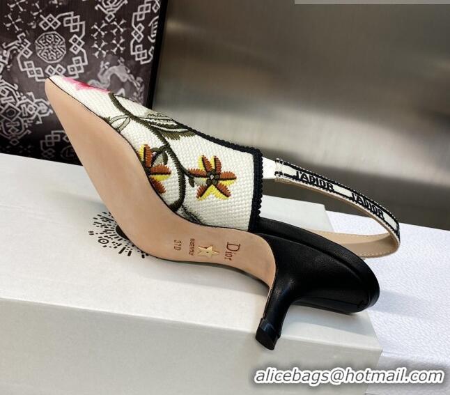 Luxury Dior J'Adior Slingback Pumps 6.5cm in White Multicolor Cotton Embroidered with Petites Fleurs Motif 420062