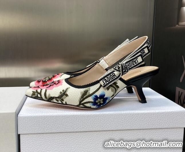 Luxury Dior J'Adior Slingback Pumps 6.5cm in White Multicolor Cotton Embroidered with Petites Fleurs Motif 420062