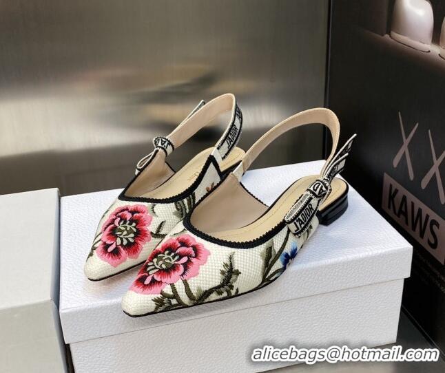 Unique Discount Dior J'Adior Slingback Ballerina Flat in White Multicolor Cotton Embroidered with Petites Fleurs Motif 4