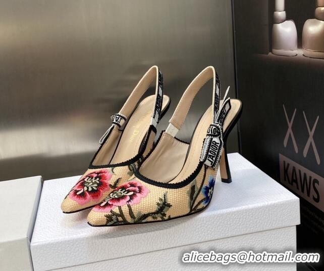 Good Product Dior J'Adior Slingback Pumps 9.5cm in Beige Multicolor Cotton Embroidered with Petites Fleurs Motif 420064