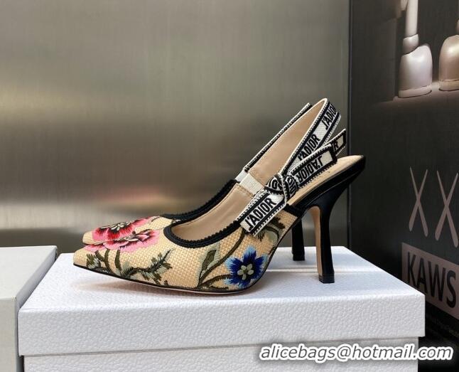 Good Product Dior J'Adior Slingback Pumps 9.5cm in Beige Multicolor Cotton Embroidered with Petites Fleurs Motif 420064