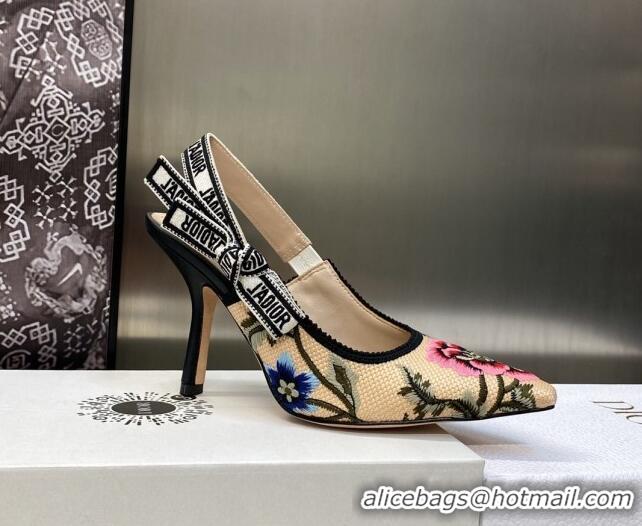 Good Product Dior J'Adior Slingback Pumps 9.5cm in Beige Multicolor Cotton Embroidered with Petites Fleurs Motif 420064