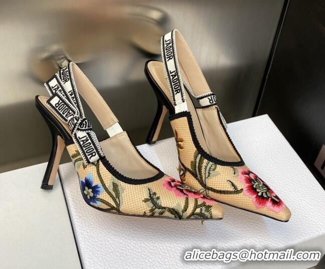 Good Product Dior J'Adior Slingback Pumps 9.5cm in Beige Multicolor Cotton Embroidered with Petites Fleurs Motif 420064