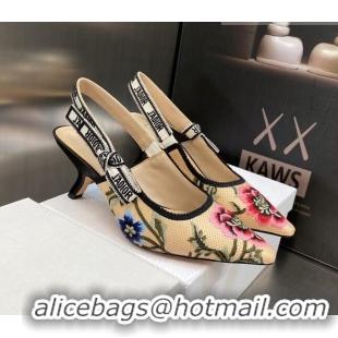 Best Price Dior J'Adior Slingback Pumps 6.5cm in Beige Multicolor Cotton Embroidered with Petites Fleurs Motif 420065