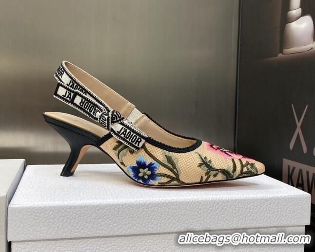 Best Price Dior J'Adior Slingback Pumps 6.5cm in Beige Multicolor Cotton Embroidered with Petites Fleurs Motif 420065