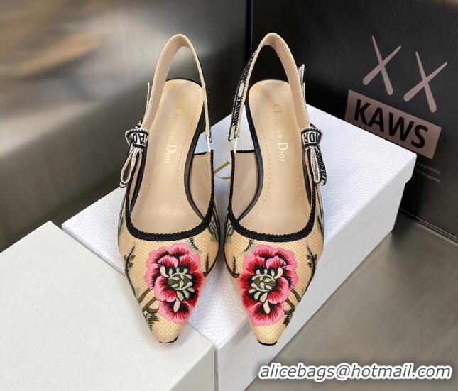 Best Price Dior J'Adior Slingback Pumps 6.5cm in Beige Multicolor Cotton Embroidered with Petites Fleurs Motif 420065