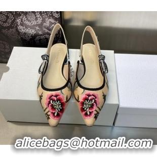 Stylish Dior J'Adior Slingback Ballerina Flat in Beige Multicolor Cotton Embroidered with Petites Fleurs Motif 0420066