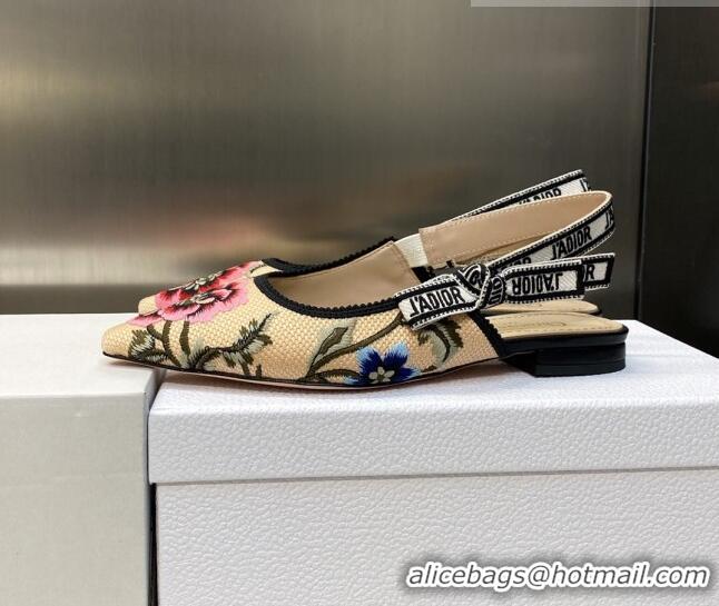 Stylish Dior J'Adior Slingback Ballerina Flat in Beige Multicolor Cotton Embroidered with Petites Fleurs Motif 0420066