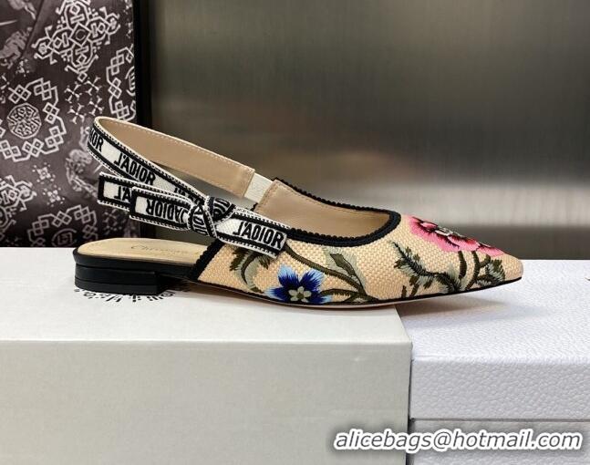 Stylish Dior J'Adior Slingback Ballerina Flat in Beige Multicolor Cotton Embroidered with Petites Fleurs Motif 0420066