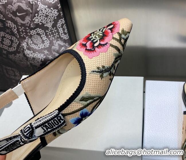 Stylish Dior J'Adior Slingback Ballerina Flat in Beige Multicolor Cotton Embroidered with Petites Fleurs Motif 0420066