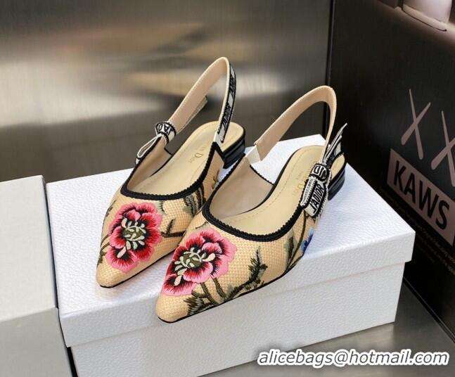 Stylish Dior J'Adior Slingback Ballerina Flat in Beige Multicolor Cotton Embroidered with Petites Fleurs Motif 0420066