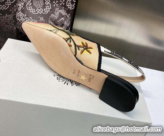 Stylish Dior J'Adior Slingback Ballerina Flat in Beige Multicolor Cotton Embroidered with Petites Fleurs Motif 0420066