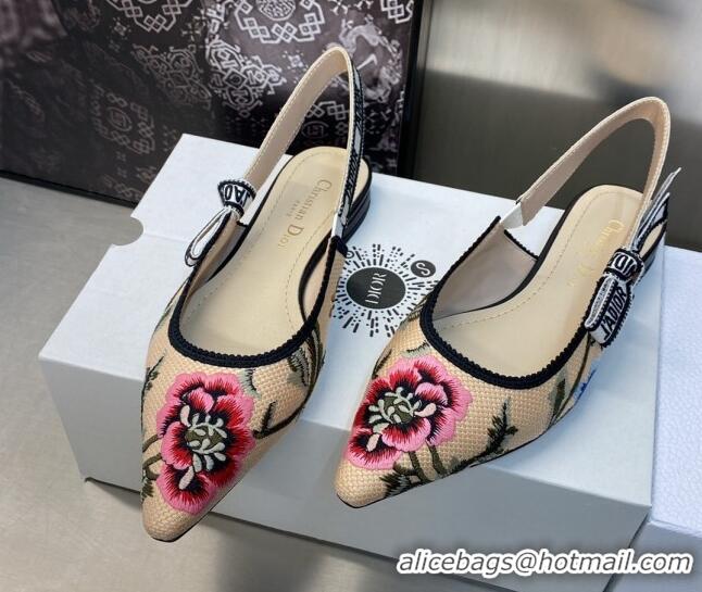 Stylish Dior J'Adior Slingback Ballerina Flat in Beige Multicolor Cotton Embroidered with Petites Fleurs Motif 0420066