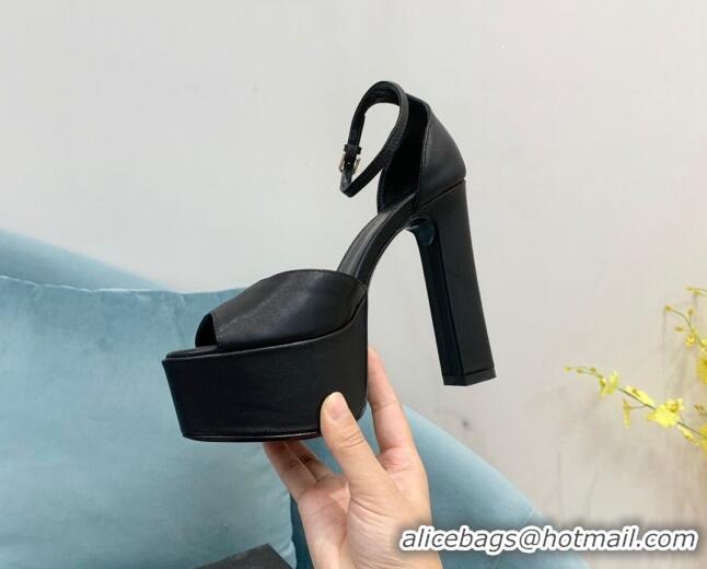 Cheap Price Saint Laurent Lambskin High Heel Platform Sandals 15.5 Black Leather 101150