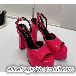 Good Quality Saint Laurent Patent Leather High Heel Platform Sandals 15.5 Dark Pink 101158