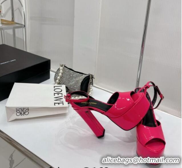 Good Quality Saint Laurent Patent Leather High Heel Platform Sandals 15.5 Dark Pink 101158