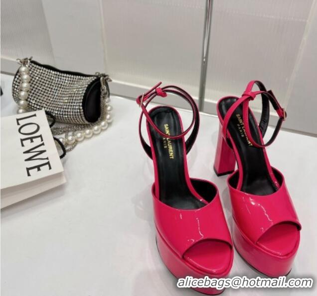 Good Quality Saint Laurent Patent Leather High Heel Platform Sandals 15.5 Dark Pink 101158