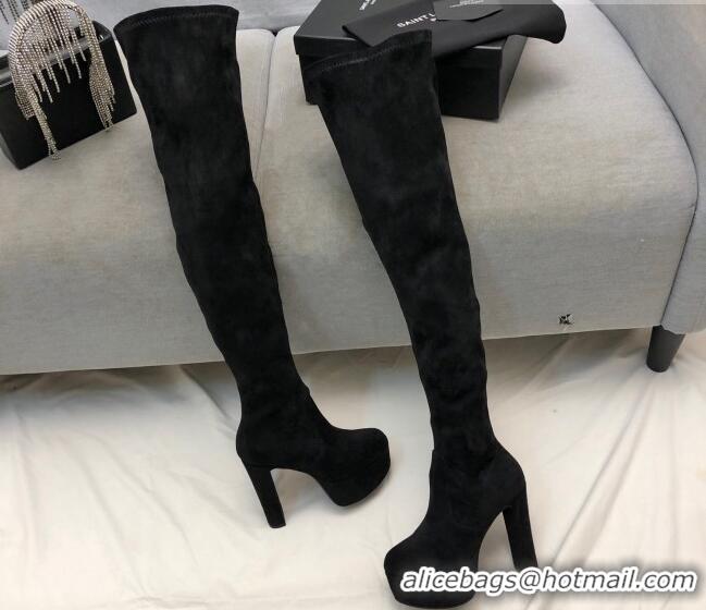 Sumptuous Saint Laurent Suede Over-Knee High Platform Boots 9.5cm Black 101166