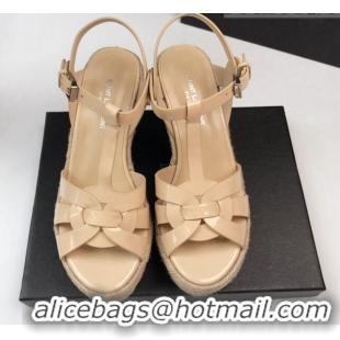 Classic Hot Saint Laurent Patent Leather Wedge Sandals 11cm Apricot 101403