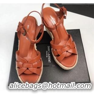 Sumptuous Saint Laurent Grained Leather Wedge Sandals 11cm Brown 101405