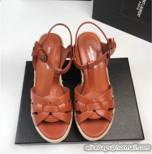 Sumptuous Saint Laurent Grained Leather Wedge Sandals 11cm Brown 101405