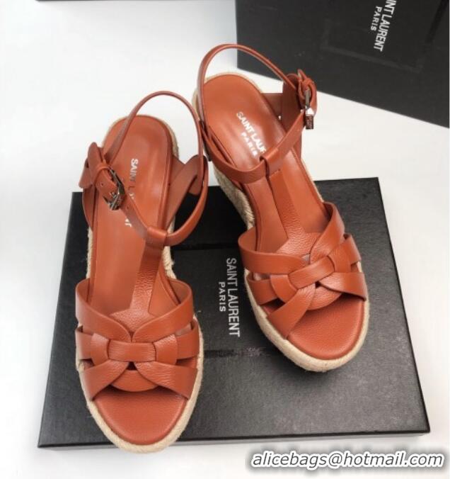 Sumptuous Saint Laurent Grained Leather Wedge Sandals 11cm Brown 101405