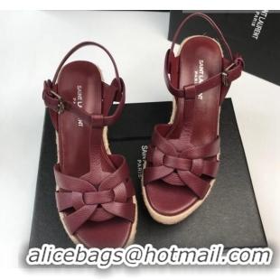 Perfect Saint Laurent Grained Leather Wedge Sandals 11cm Burgundy 101406