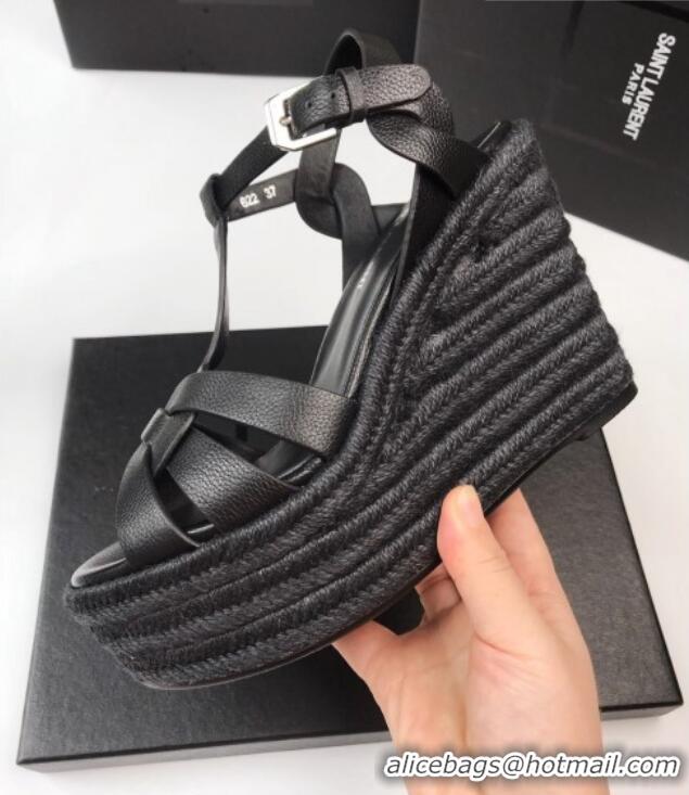 Grade Quality Saint Laurent Grained Leather Wedge Sandals 11cm Black 101407