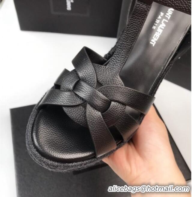 Grade Quality Saint Laurent Grained Leather Wedge Sandals 11cm Black 101407