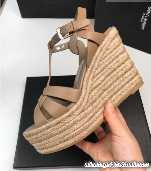 Top Quality Saint Laurent Grained Leather Wedge Sandals 11cm Taupe 101408