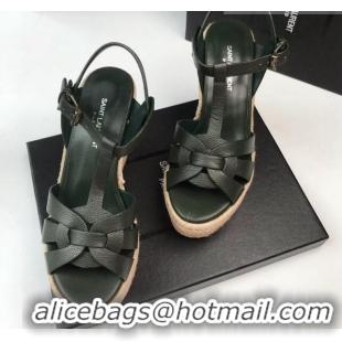 AAAAA Saint Laurent Grained Leather Wedge Sandals 11cm Green 101409