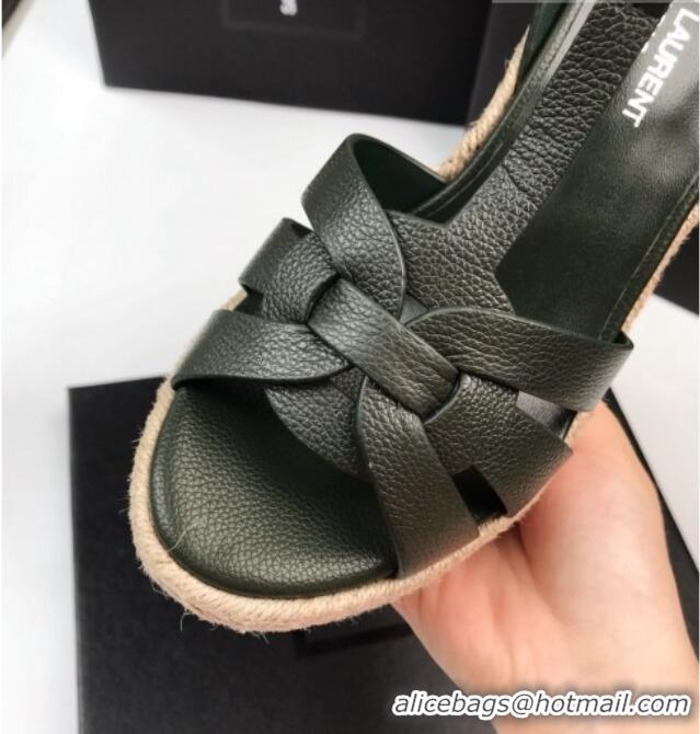 AAAAA Saint Laurent Grained Leather Wedge Sandals 11cm Green 101409