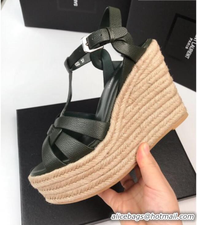 AAAAA Saint Laurent Grained Leather Wedge Sandals 11cm Green 101409