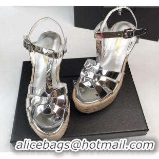 Hot Style nt Laurent Metallic Leather Wedge Sandals 11cm Silver 101410