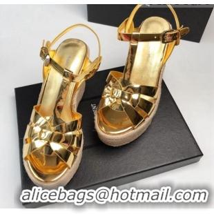 Duplicate Saint Laurent Metallic Leather Wedge Sandals 11cm Gold 101411