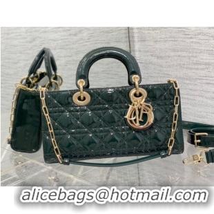 Good Quality MEDIUM LADY D-JOY BAG Patent Cannage Calfskin M0540ON blackish green