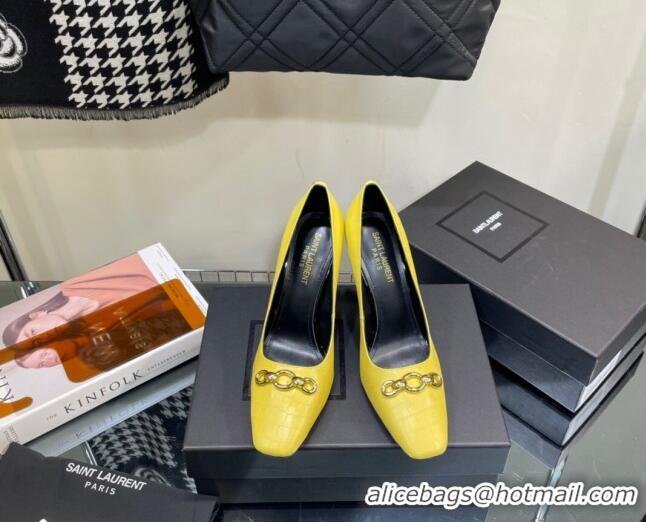 Classic Hot Saint Laurent Severine Pumps in Crocodile-embossed Leather Yellow 1115058